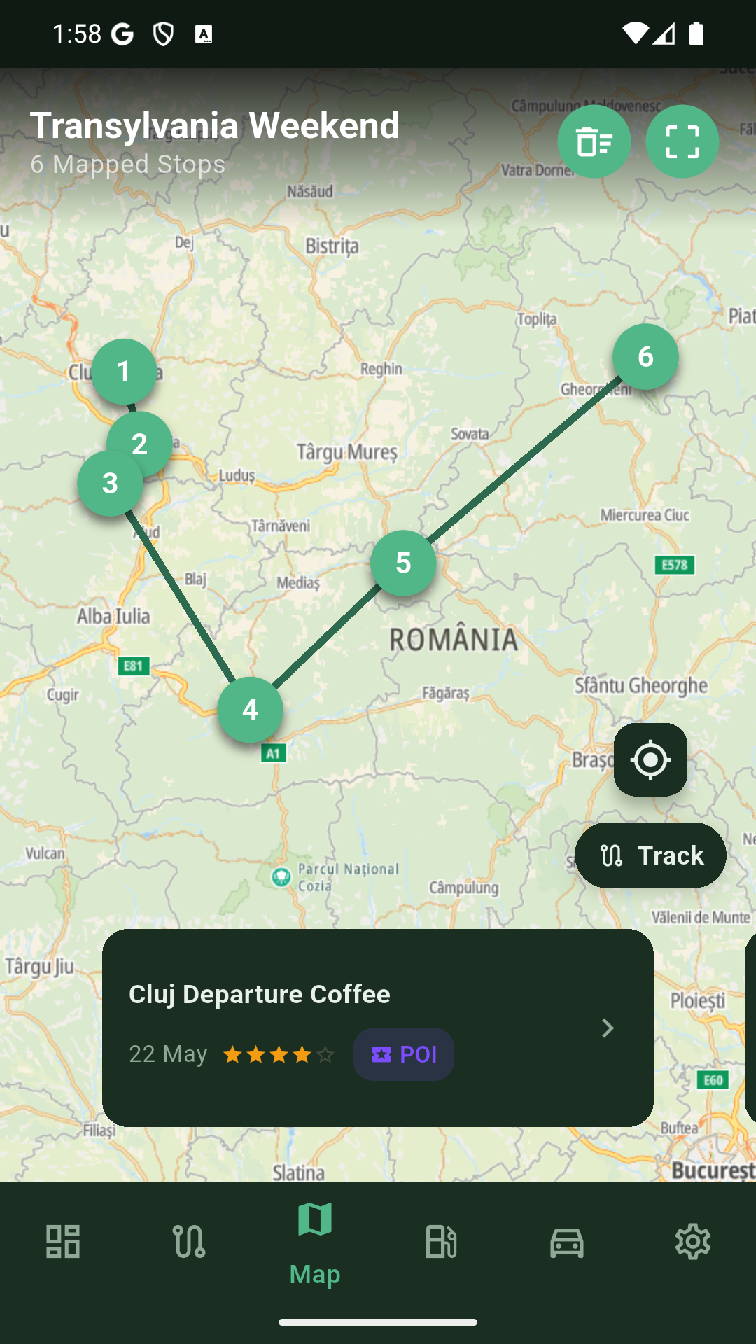 Roamlog route map showing saved stops and the trip route