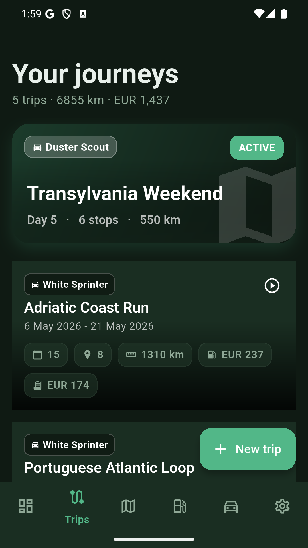 Roamlog trips screen listing saved road trips