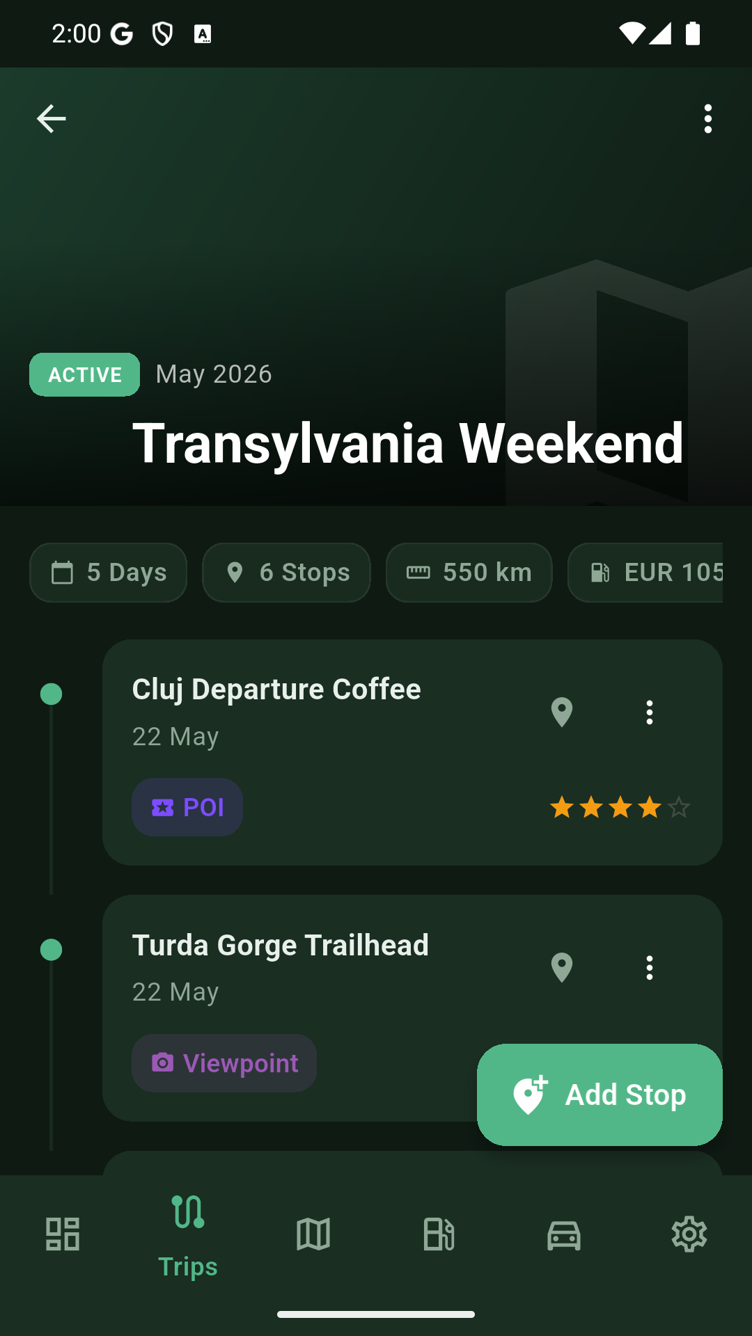 Roamlog trip detail screen showing a saved road trip with stops and route details