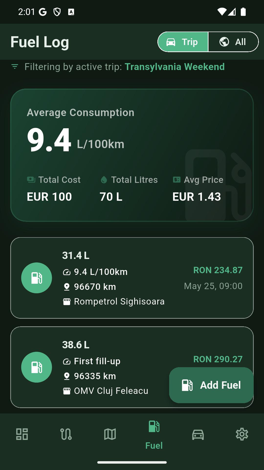 Roamlog fuel log screen showing fuel entries and trip costs